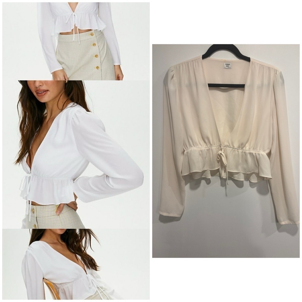 Aritzia Sunday Best Cream Tie-Front Ruffle Blouse Long Sleeve — Size Small
